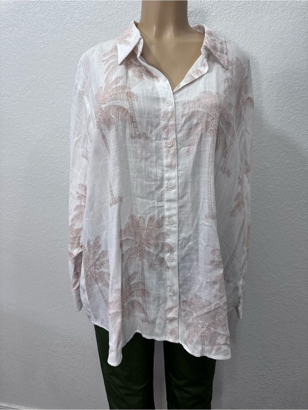 Calypso Lightweight White Button-Up Shirt with Pale beige Palm Print